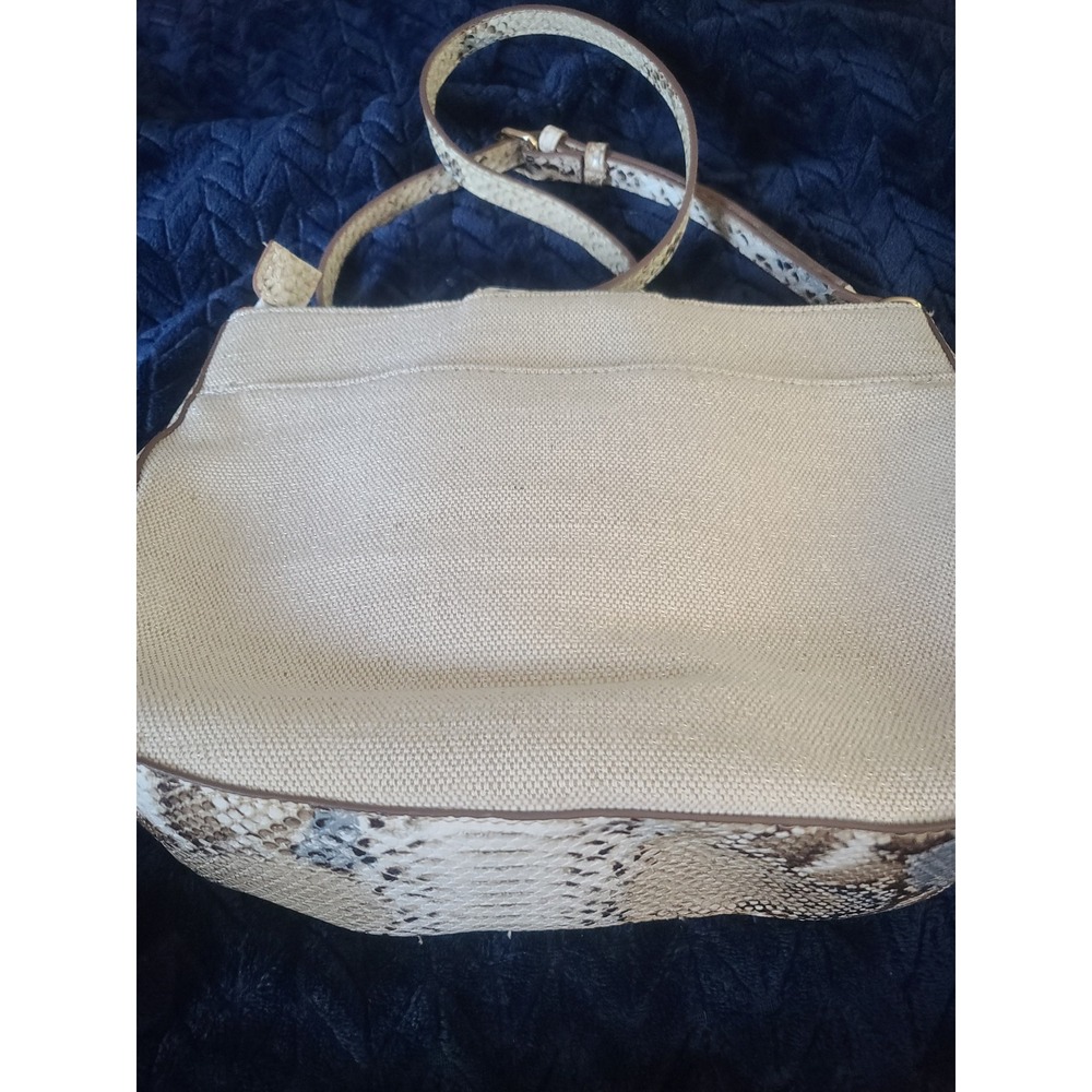 Anne Klein Canvas Snakeskin Embossed Shoulder Bag Cream Lion Logo Medallion - Picture 5 of 11
